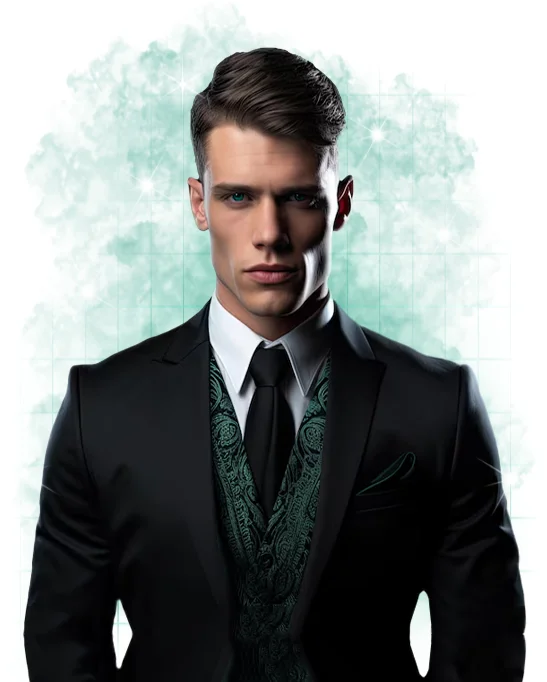 Homem de terno com detalhes em verde esmeralda, olhos verdes, elegante. Representando a empresa de TI e Consultoria, localizada na região de Sorocaba.