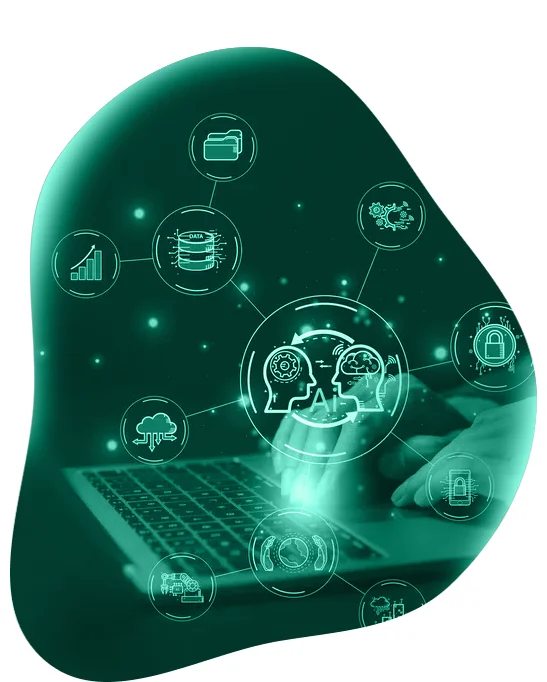 Imagem representativa de serviços e produtos de uma empresa de tecnologia da informação. Icones de tecnologia pairando sob uma pessoa usando notebook.